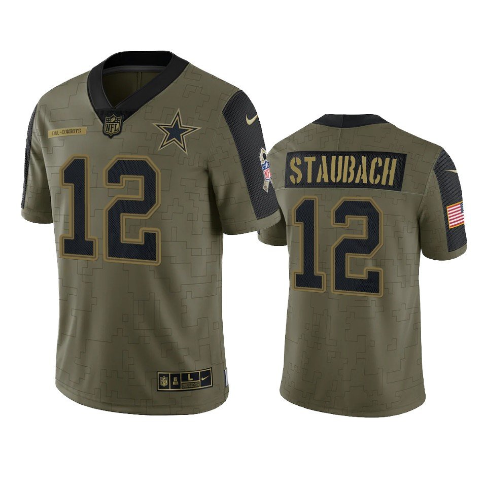 Men & Youth Kids #12 Roger Staubach Dallas Cowboys Salute to Service Limited Olive Jersey