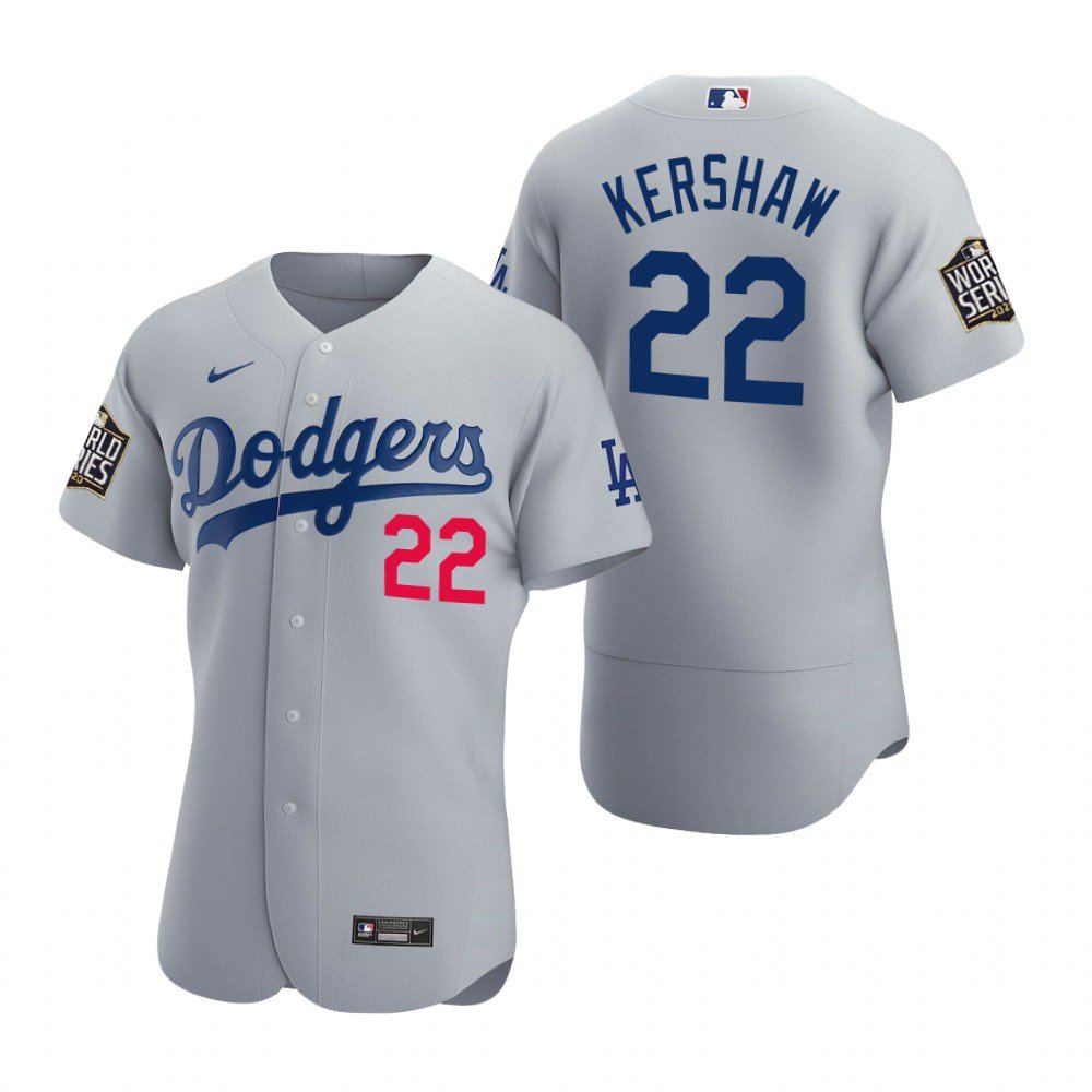 Men & Youth #22 Clayton Kershaw Dodgers 2020 World Series Champion Flex Base Gray Jersey