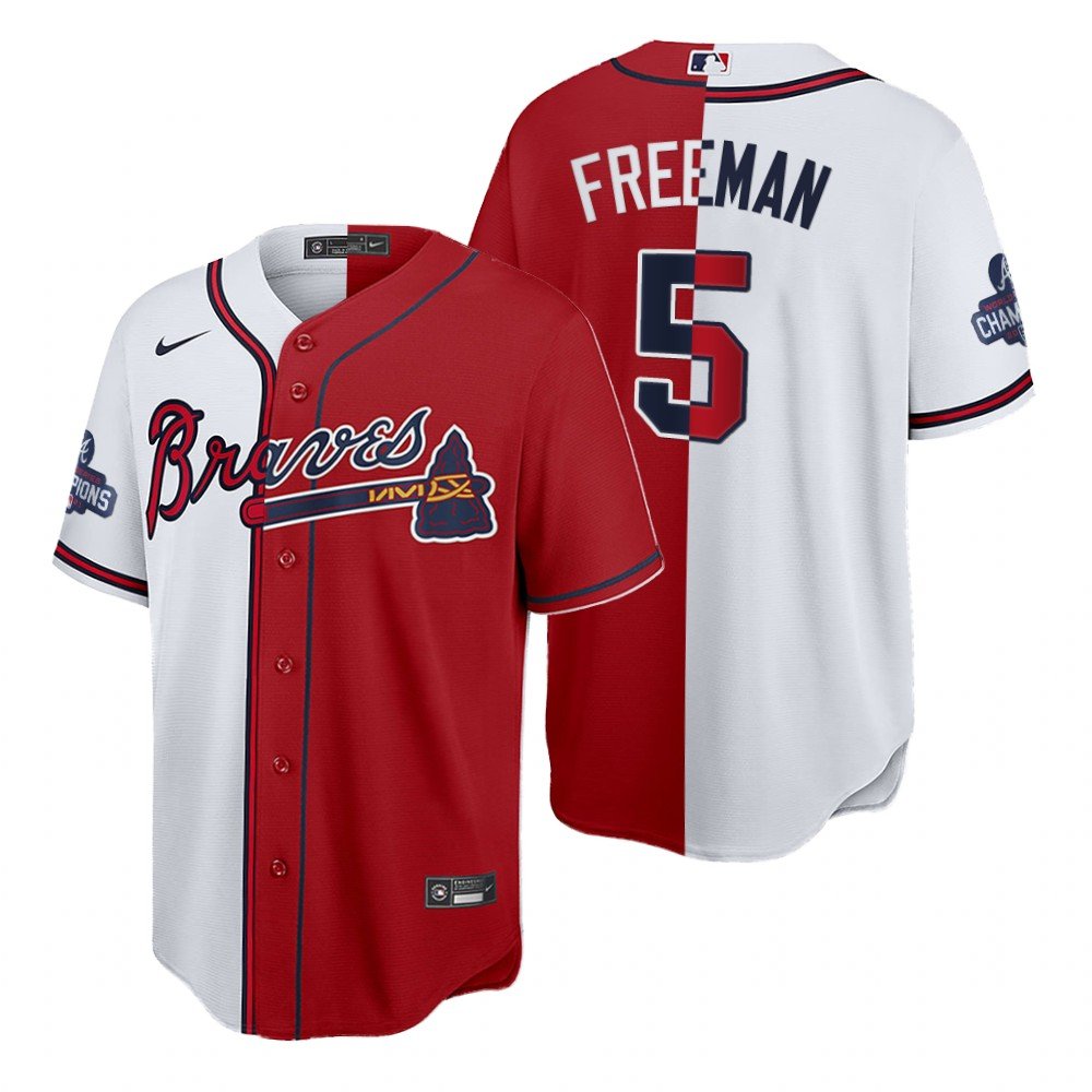 Men's #5 Freddie Freeman Atlanta Braves 2021 World Series Champions Split Red White Jersey
