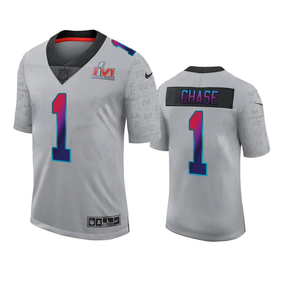 Men's #1 Ja'Marr Chase Cincinnati Bengals Super Bowl LVI Limited Gray Jersey
