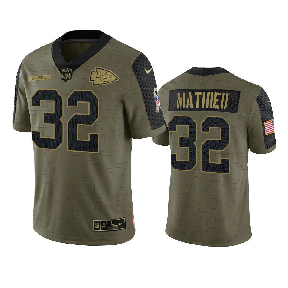 Men & Youth Kids #32 Tyrann Mathieu Kansas City Chiefs 2021 Salute to Service Limited Olive Jersey