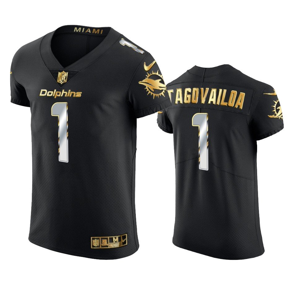 Men & Youth Kids #1 Tua Tagovailoa Miami Dolphins 2021 Black Golden Edition Elite Jersey