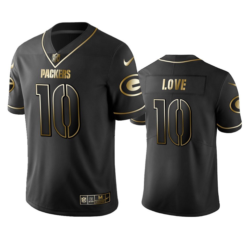 Men & Youth Kids #10 Jordan Love Green Bay Packers Black Golden Edition Jersey