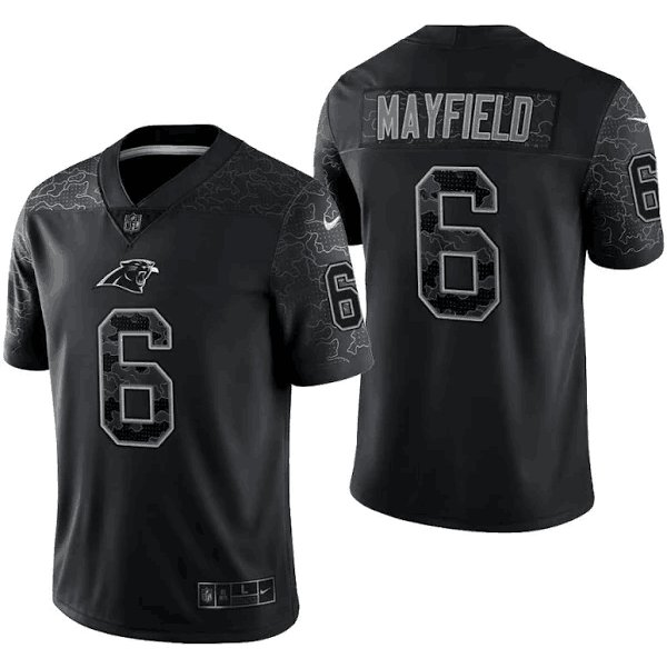 Men & Youth #6 Baker Mayfield Carolina Panthers Black RFLCTV Limited Jersey