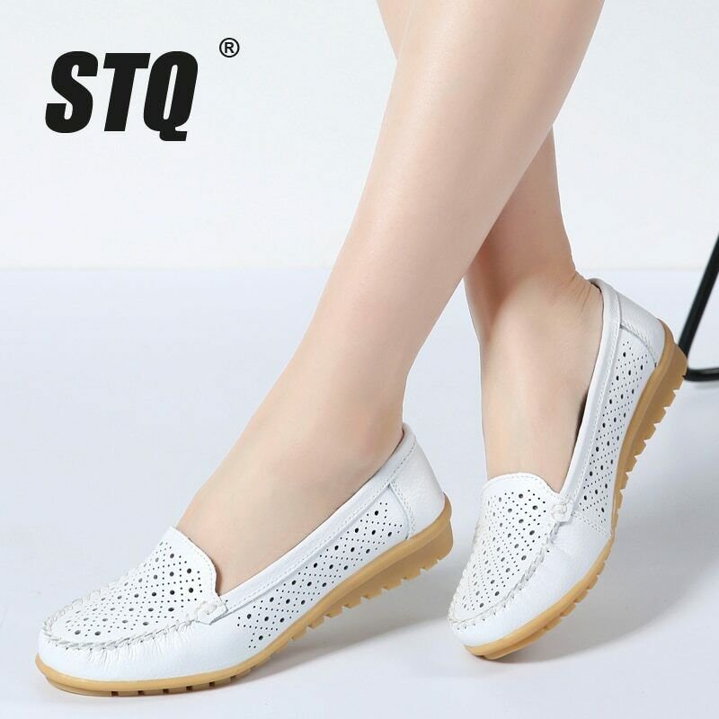 STQ 2020 Spring Women Flatsx Shoes Women Genuine Leather Shoes Woman Cutout Loaf
