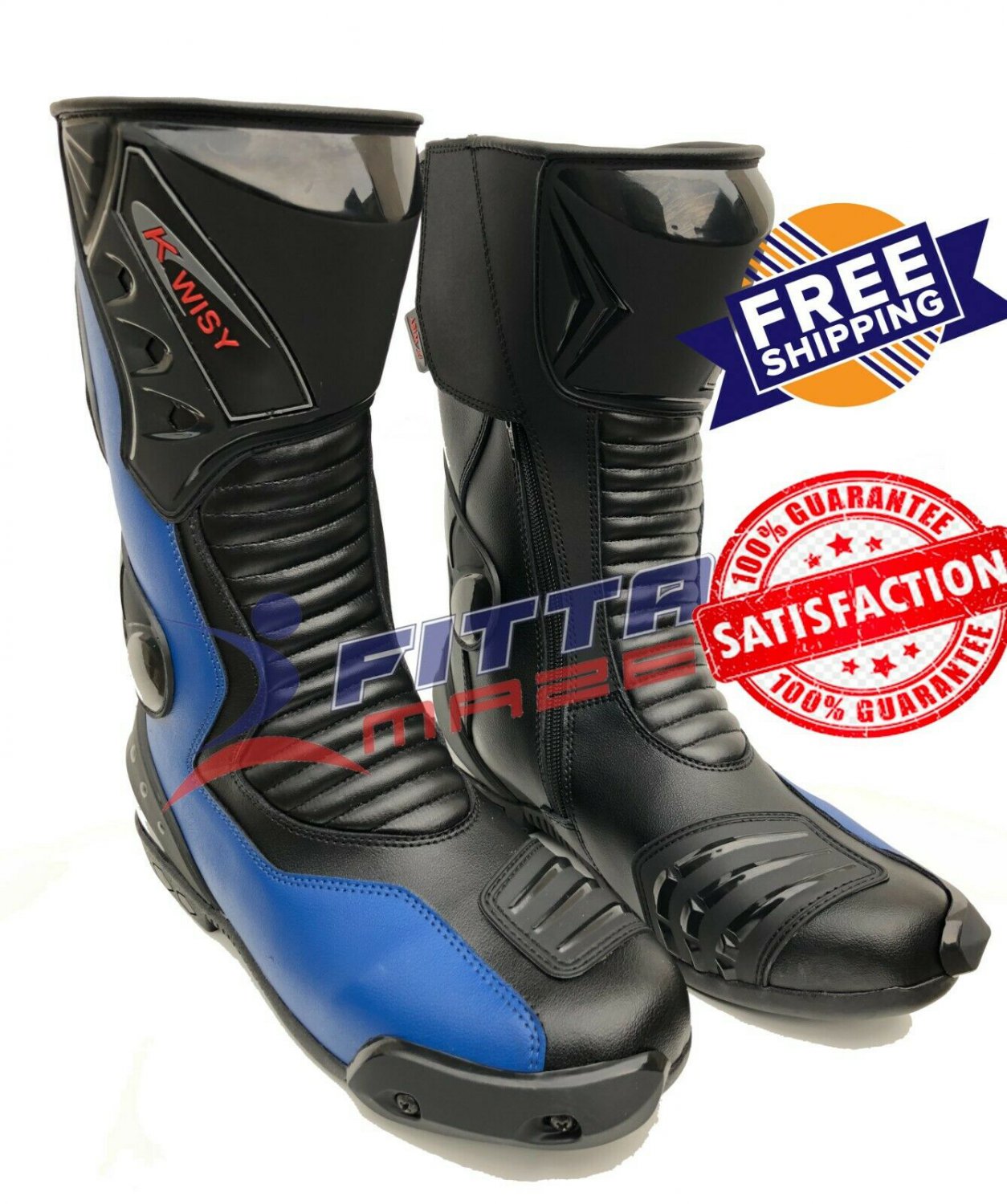NEW BLUE & BLACK LEATHER RACING Motorbike Shoes Motorcycle Boots Rubber Sole