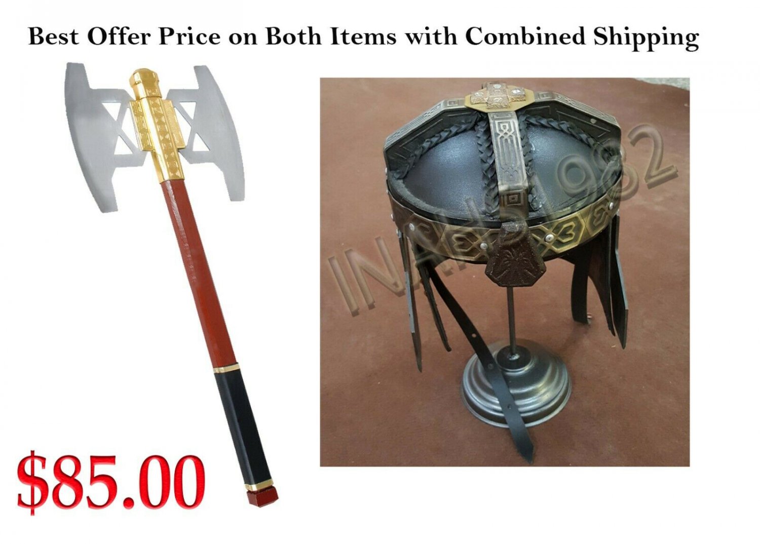 LOTR Gimli's Battle Ready Gimli Gold Axe  + Gimli Helmet FROM LOTR