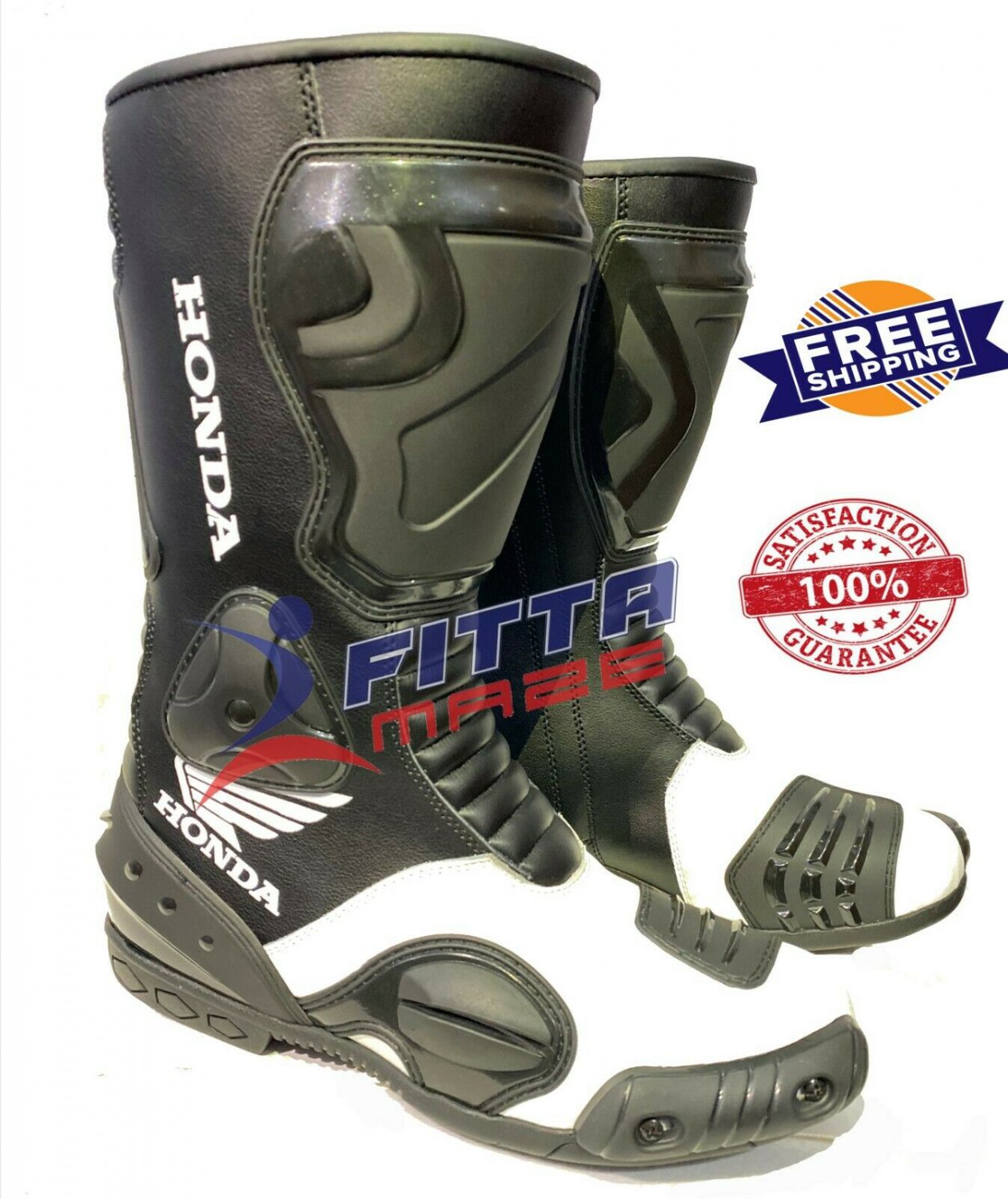 Honda White & Black Motorcycle Boots Genuine Leather & Motorbike Racing Shoes