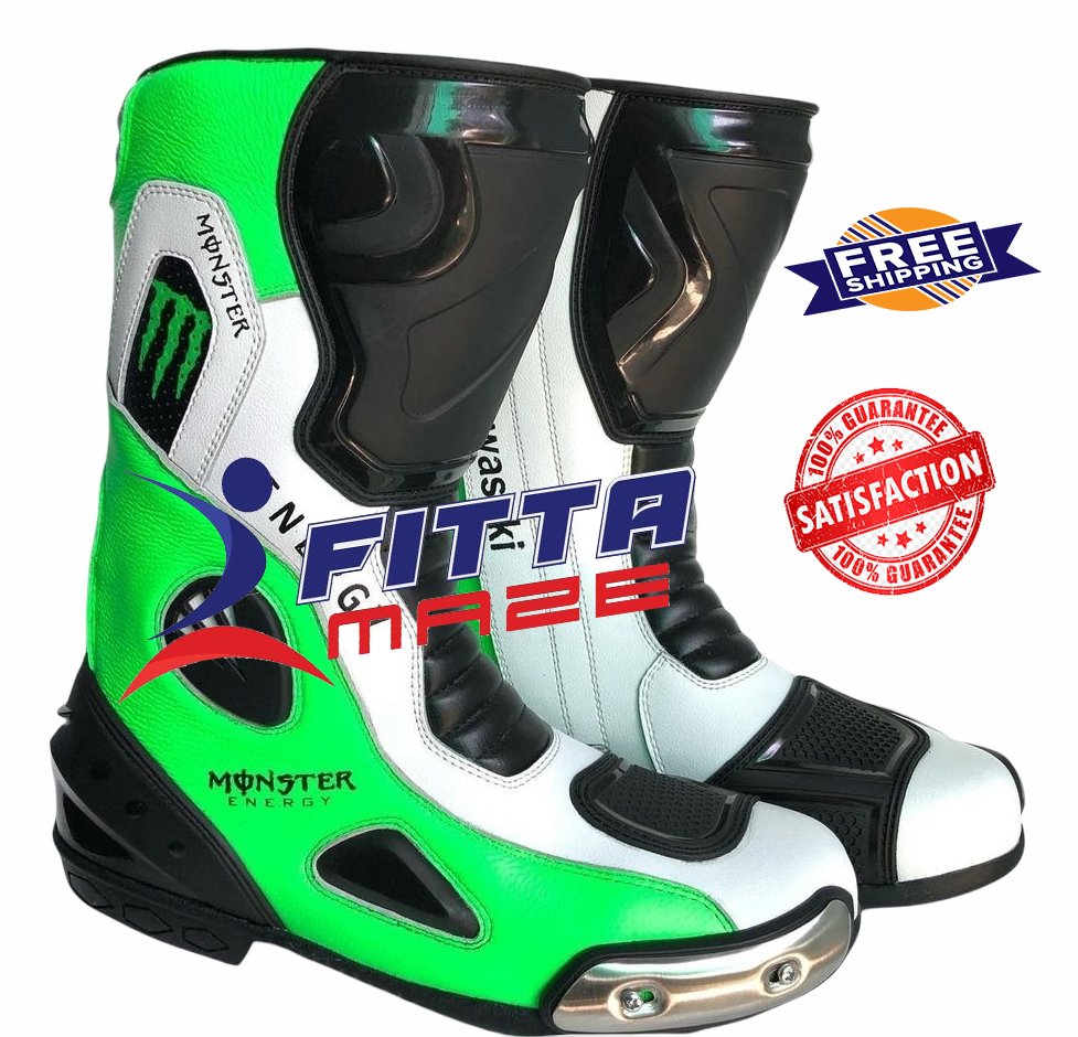 Kawasaki Monster Motorcycle Boots Genuine Leather Motorbike Racing Shoes