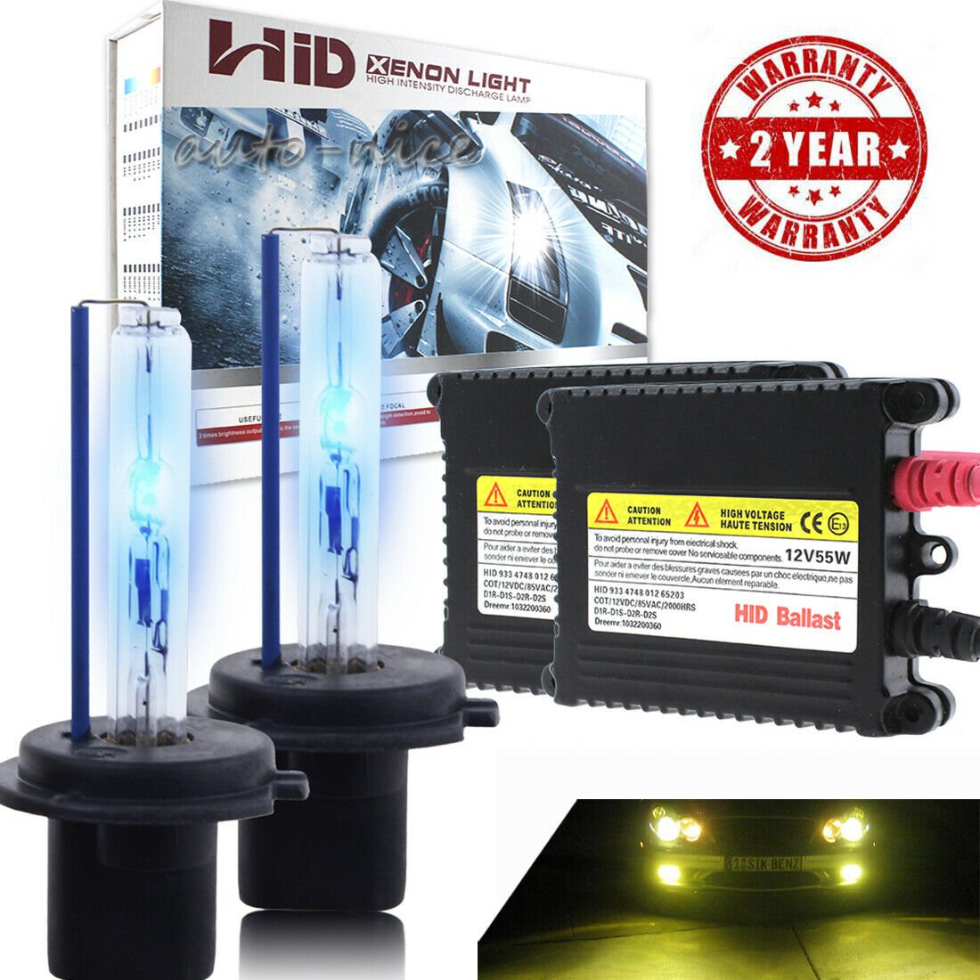 55W HID High/Low Beam Conversion Kit H7 Bulbs 3000K Amber Plug&Play 2x