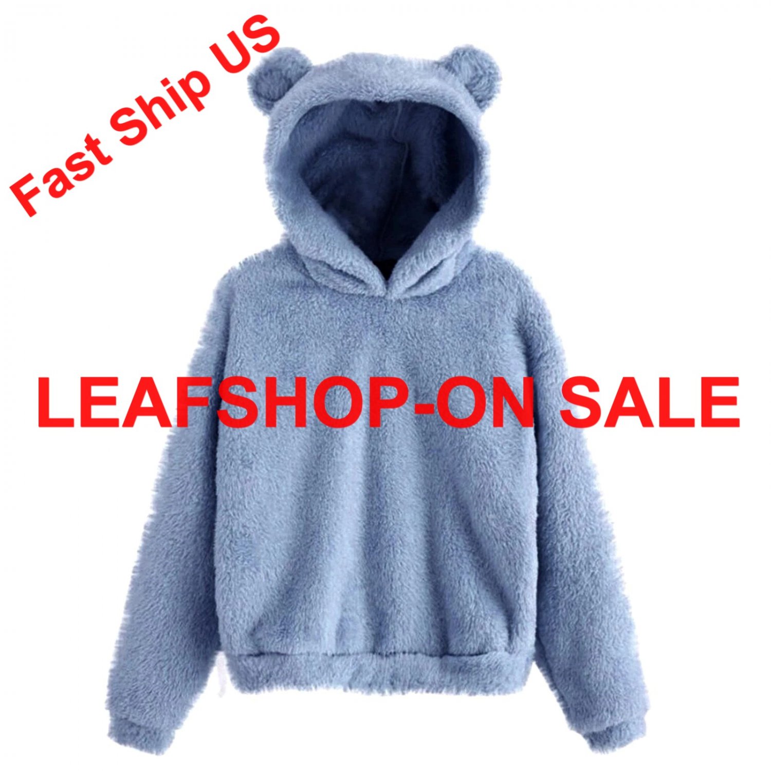 Fluffy Hoodies Women Sweatshirt Cute Bear Ear Cap Warm Pullover Long Sleeve Fleece Coat Blue