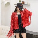 Sequins Jackets, Fashion Solid Red Streetwear Tassel Patchwork Coat Neck OuterWear Long Sleeve