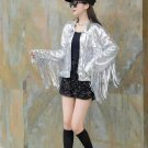Sequins Jackets, Fashion Solid Silver Streetwear Tassel Patchwork Coat Neck OuterWear Long Sleeve