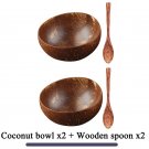 Natural Coconut Bowl Dinner Set Handmade Wood Spoon Fruit Salad Mixing Rice, 2 bowl 2 spoon