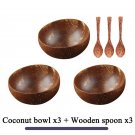 Natural Coconut Bowl Dinner Set Handmade Wood Spoon Fruit Salad Mixing Rice, 3 bowl 3 spoon