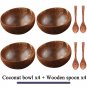 Natural Coconut Bowl Dinner Set Handmade Wood Spoon Fruit Salad Mixing Rice, 4 bowl 4 spoon