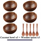 Natural Coconut Bowl Dinner Set Handmade Wood Spoon Fruit Salad Mixing Rice, 5 bowl 5 spoon