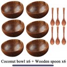 Natural Coconut Bowl Dinner Set Handmade Wood Spoon Fruit Salad Mixing Rice, 6 bowl 6 spoon