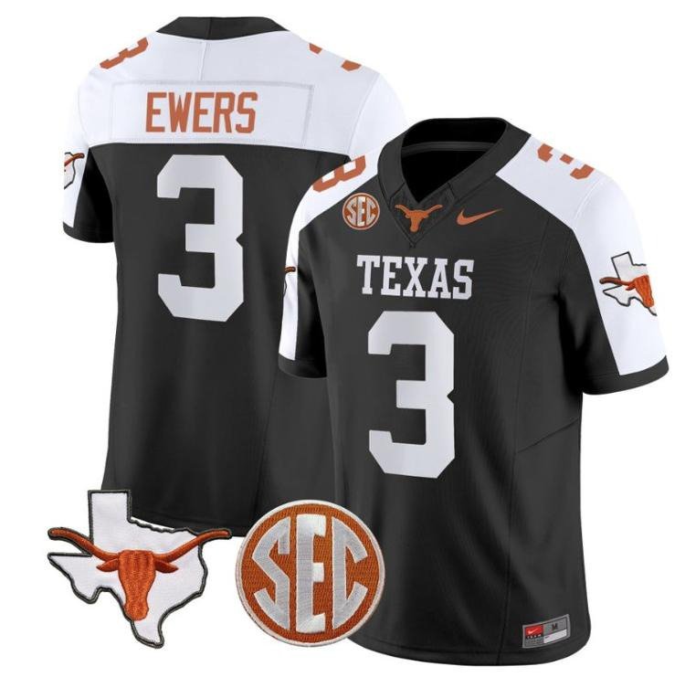 Quinn Ewers Jersey #3 Texas Longhorns State Map and Sec Patch Vapor College