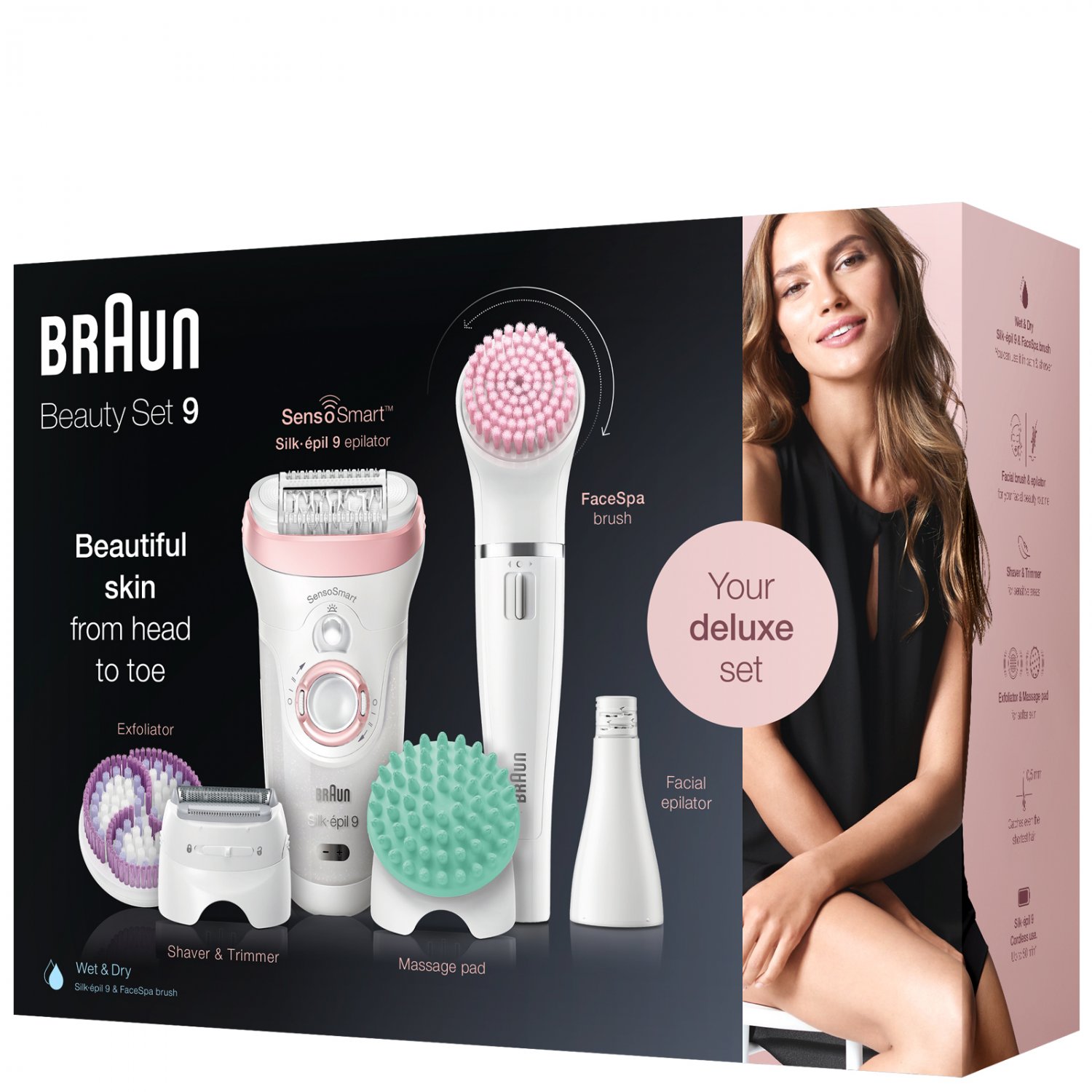 New Braun Silk-epil Beauty Set 9 9/985 BS Wet & Dry Epilator with 8 Extras including Braun FaceSpa