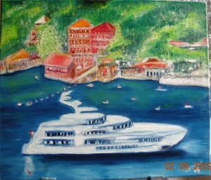 Christine ART Original Oil Painting SHIP BOATS BLUE SEA