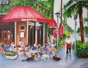 Christine ART Original Oil Painting Summer Cafe in Miami Signed Artist 2009