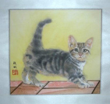 Artist Original Watercolor Painting Grey Cat Kitten Signed ART NEW!