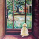 Christine ART Original Oil Painting Puppy by the window Signed by Artist 2009