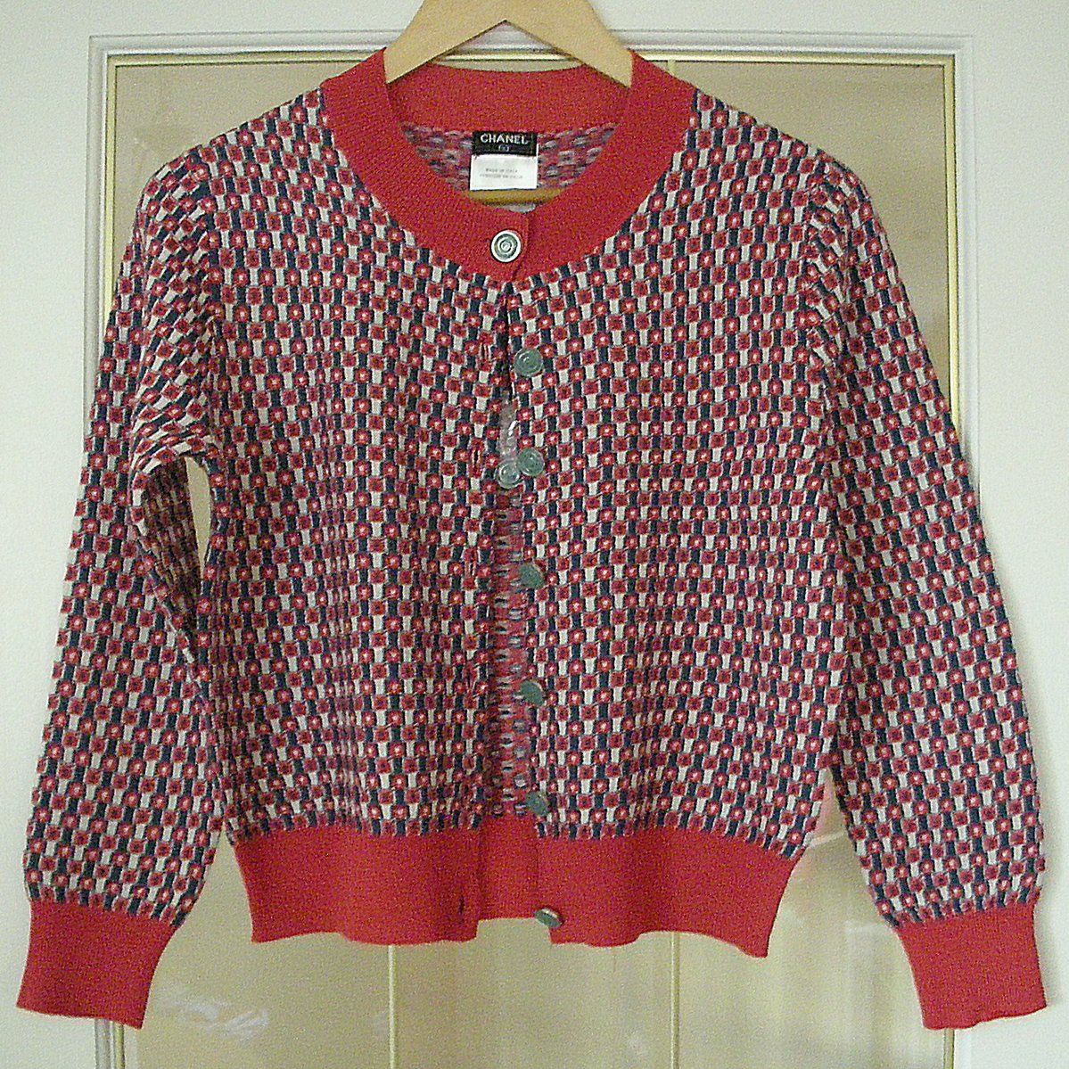 CHANEL Sweater Knitwear Cardigan RED/BLUE Checker Cotton Blend Size 38 ...