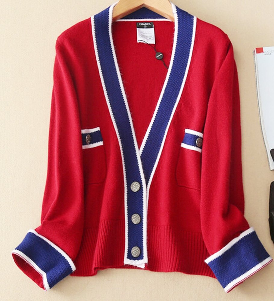 CHANEL Pure Cashmere Sweater RED BLUE Cardigan Top CC Signature Buttons