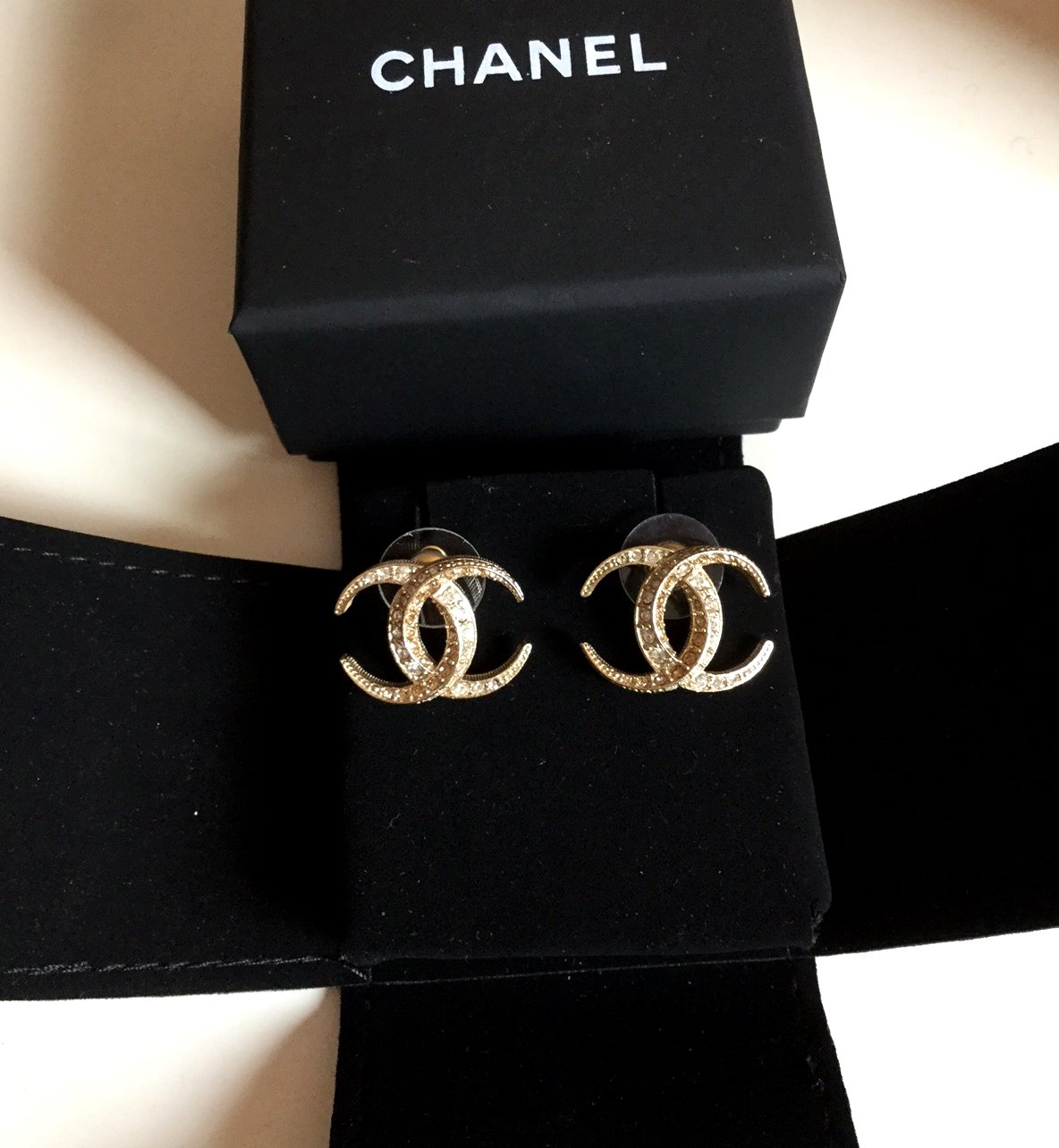 CHANEL Crescent Moon Gold/Clear Crystal Stud Earrings DUBAI Medium Size CC