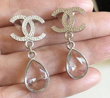 Chanel Tear Drop Clear Crystal Dangle Earrings CC Silver Stud