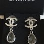 CHANEL Tear Drop Clear Crystal Dangle Earrings CC SILVER Stud