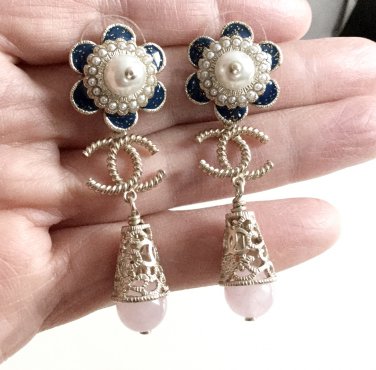 CHANEL 2015 Cruise Baroque Pink Quartz Dangle Earrings CC BLUE/WHITE Flower