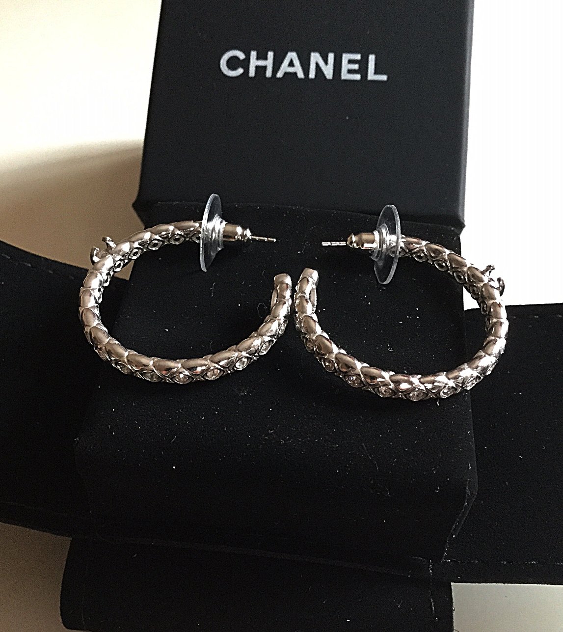 CHANEL Medium CHAIN HOOP Earrings Braided Crystal Silver CC 2015