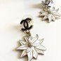 CHANEL Black CC Stud Flower Dangle Earrings WHITE Chrysanthemum Enamel Petal