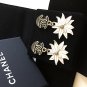 CHANEL Black CC Stud Flower Dangle Earrings WHITE Chrysanthemum Enamel Petal