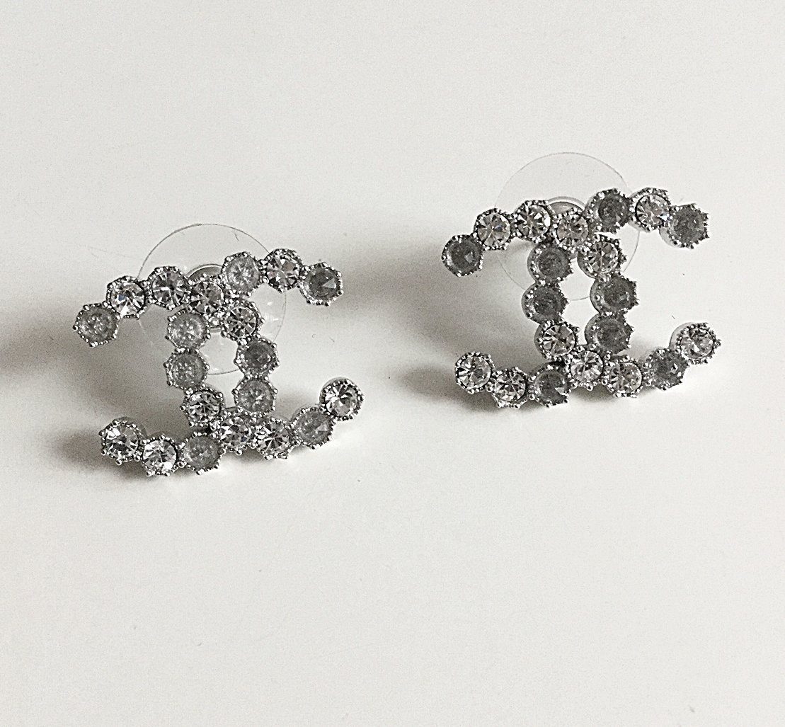 CHANEL Paris-Salzburg Swarovski Grey Silver Crystal CC Stud Earrings