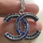 CHANEL BLUE Baguette CC Crystal Pendant Necklace SILVER Chain Authentic NIB!