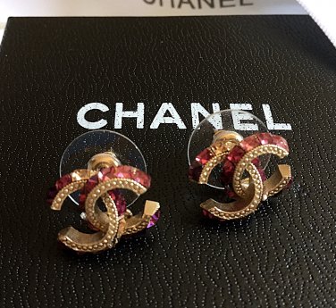 CHANEL CC Crystal Gold Pink Purple Stud Earrings Classic Mini Hallmark Authentic