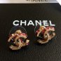 CHANEL CC Crystal Gold Pink Purple Stud Earrings Classic Mini Hallmark Authentic