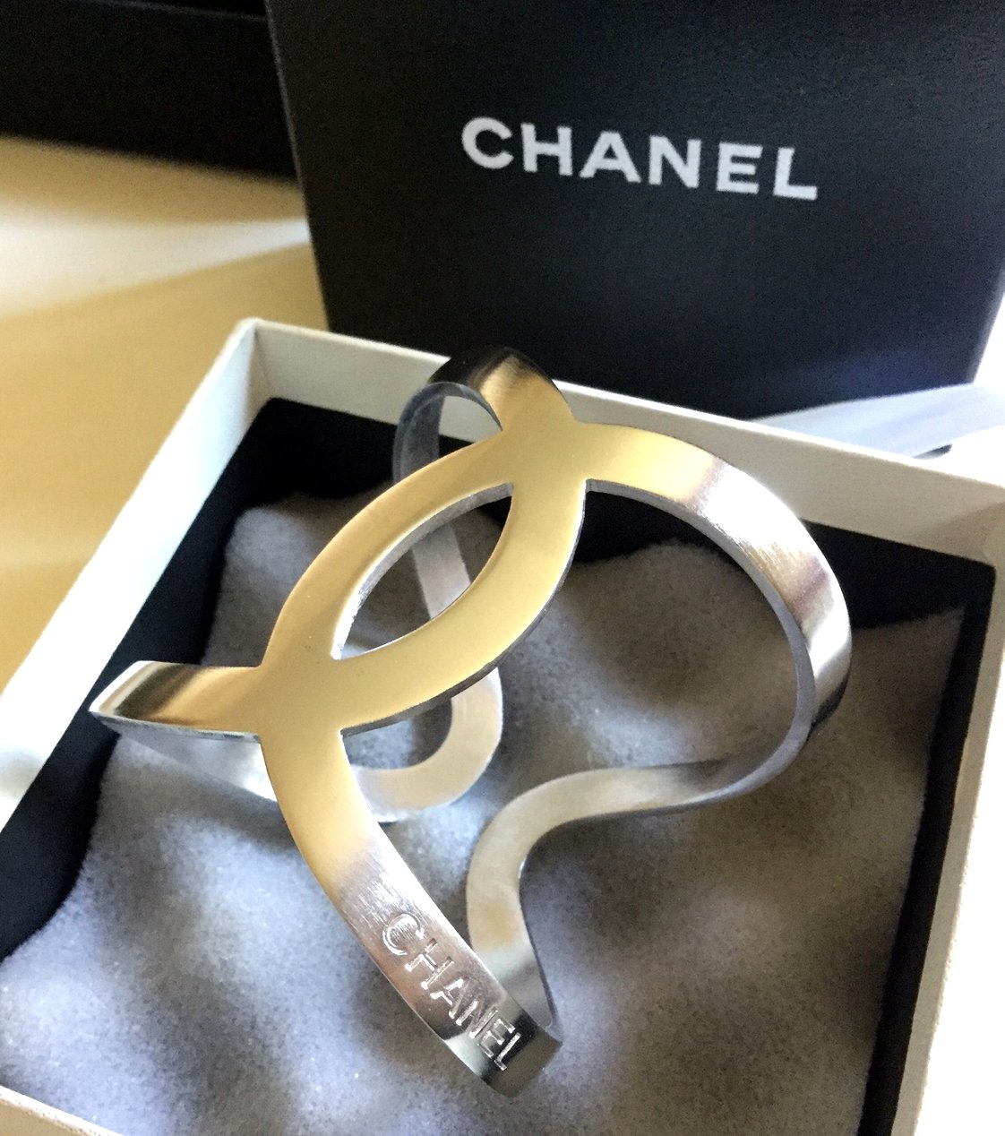 CHANEL CC Bracelet Silver Metal Cuff 2016 Simplicity Chic Authentic Hallmark