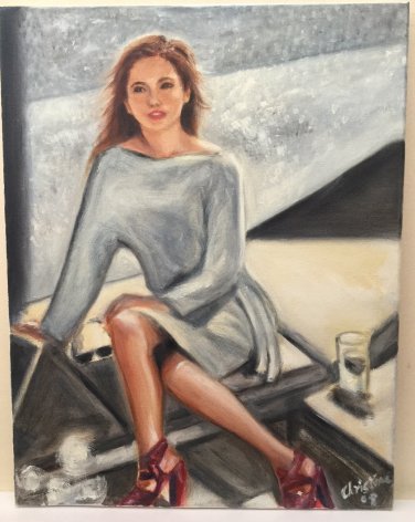 Christine ART Original Oil Paintings WOMAN POOLSIDE SUN