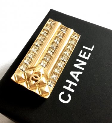 CHANEL Gold Brooch Pin CC Small Rectangle Crystal Square Authentic NIB
