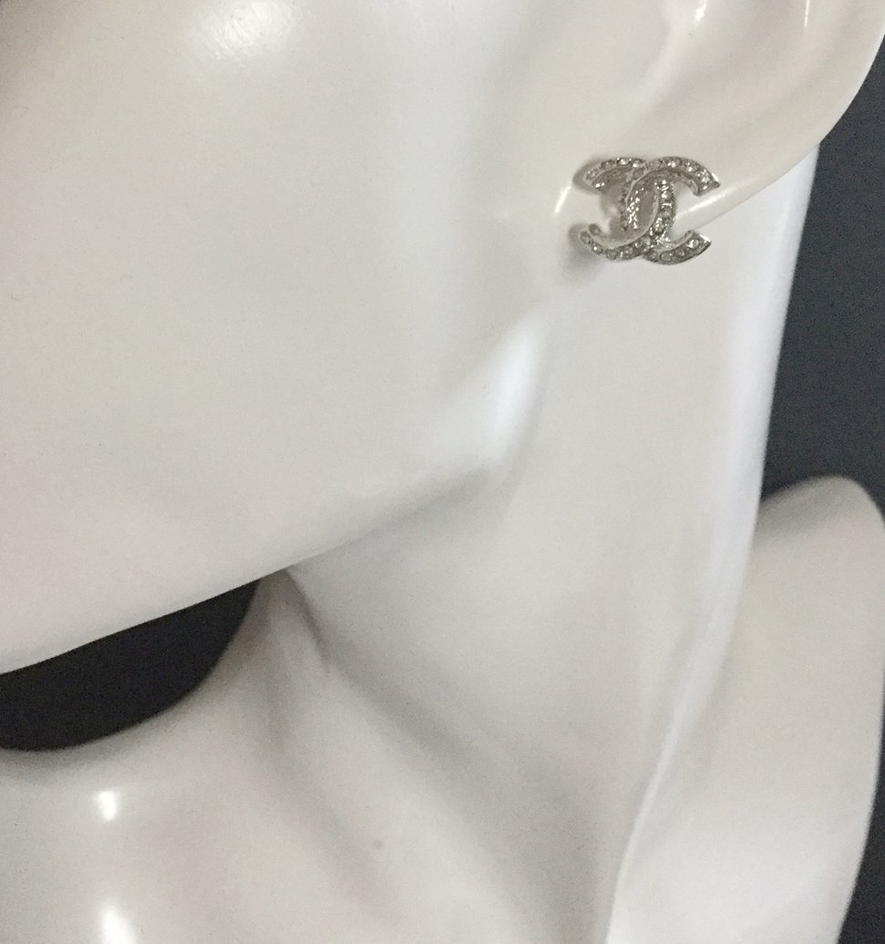 CHANEL Classic Crystal Stud Silver Earrings Small CC Hallmark Authentic NIB
