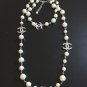 CHANEL Classic 5 CC Double Sided Crystal PEARL Necklace Silver Metal Chain
