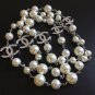 CHANEL Classic 5 CC Double Sided Crystal PEARL Necklace Silver Metal Chain