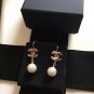 CHANEL Pale Pink Crystal Gold Pearl Dangle Earrings Lever Back NIB