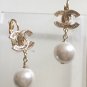CHANEL Pale Pink Crystal Gold Pearl Dangle Earrings Lever Back NIB