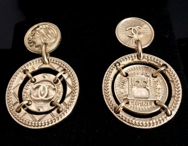CHANEL CC Byzantine Gold Medal Stud Dangle Earrings Authentic NIB